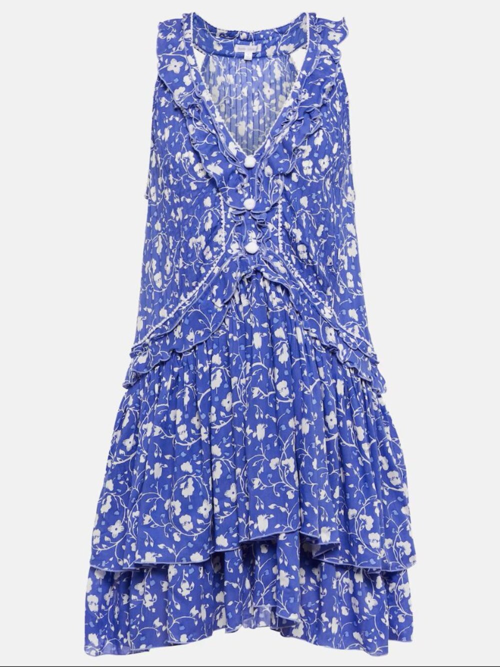 Poupette St Barth Mae Blue & White Floral Pleated Ruffle Mini Dress - Size S
